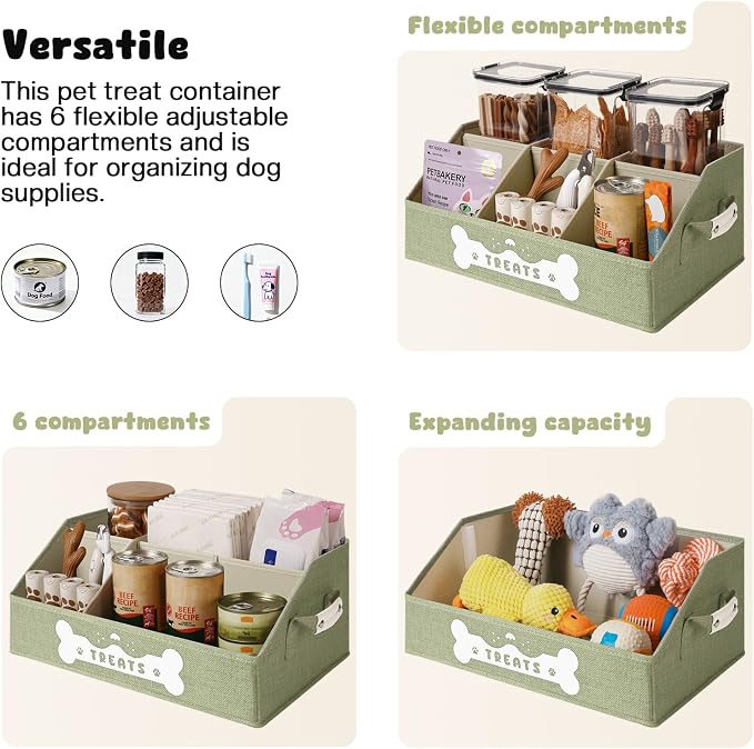 Dog Treat Container, Dogs Storage Organizer with Removable Dividers, Collapsible Dogs Treat Holder for Countertop, Trapezoid Pet Treats Containers, Dog Toy Basket with PU Handles, Medium, Green