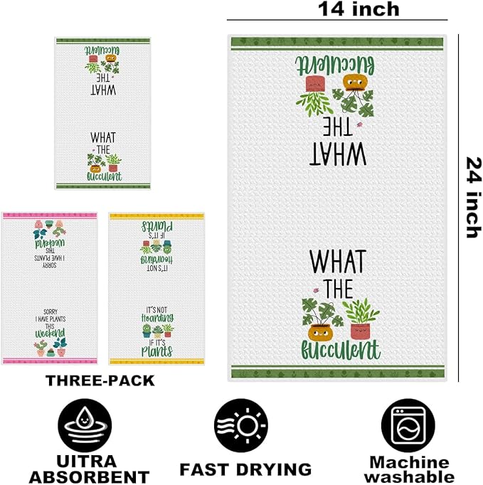 3 Pcs Funny Kitchen Towels, Plant Lover Gifts for Women Gardener Mom, Succulent Cactus Plant Gifts Dish Towel, Leaves Waffle Weave Hand Tea Towels for Kitchen Home Farmhouse Decor-24x14 Inch