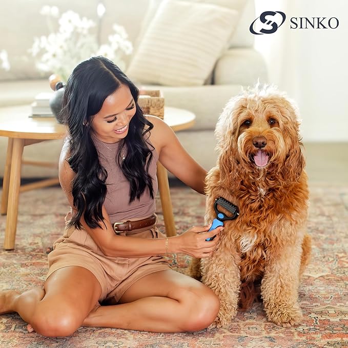 Sinko Shedding Brush For Dog and Cat, Grooming Brush with Extra Wide Double-Sided Stainless Teeth for Detangling, Deshedding, Brushing & Removing Shed Fur, Knots, Mats, and Tangles in Pets (Blue)