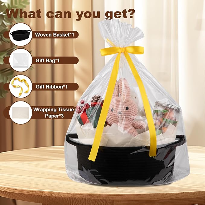 OIAHOMY Gift Basket with Handle, Small Woven Basket with Gift Bag, Ribbon and Wrap Tissue Paper, Nursery Bins Empty to Fill with Small Items, Baby, Pet Toy Organizer - Black