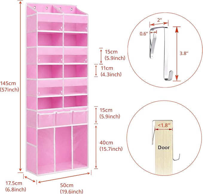 Extra Large Over The Door Organizer with Clear Pockets - 8 Compartments & XL Bottom Storage, Heavy-Duty Hanging Organizer for Bathroom, Bedroom, Closet (57 Inch Height). (Pink)
