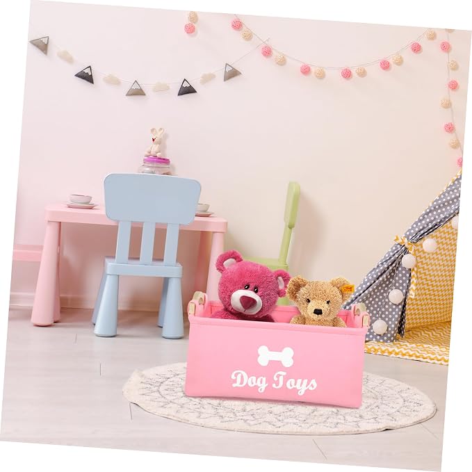 Ipetboom Pink Felt Pet Storage Box with Handles Organizer for Dog Accessories and Items Compact and Portable Basket for Household Use