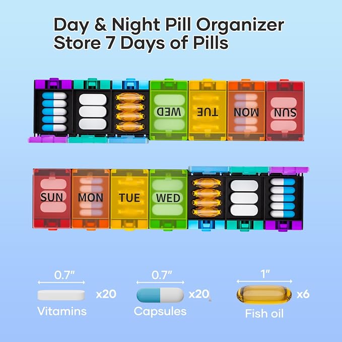 Push Button Weekly Pill Organizer, Medicine Pill Organizer, Pill Box Case 7 Day, Pill Container for Vitamins, Fish Oil, Supplements Medication (Colorful)