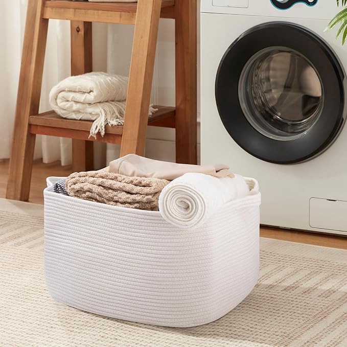 OIASKET White Storage Baskets for Organizing, Toy Basket Storage Kids, Nursery Cotton Rope Baskets for Living Room, Deorative Organizer Bin Box (White)