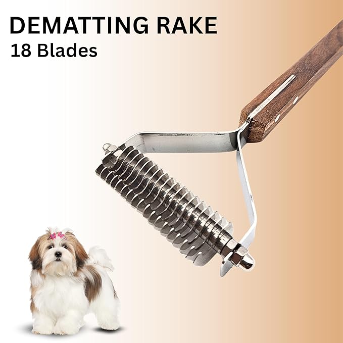 Undercoat Dematting Rake for Dogs & Cats – Grooming Tool with Stainless Steel Teeth & Wood Handle – Undercoat Remover for Thick & Matted Pet Fur (18 Blades)