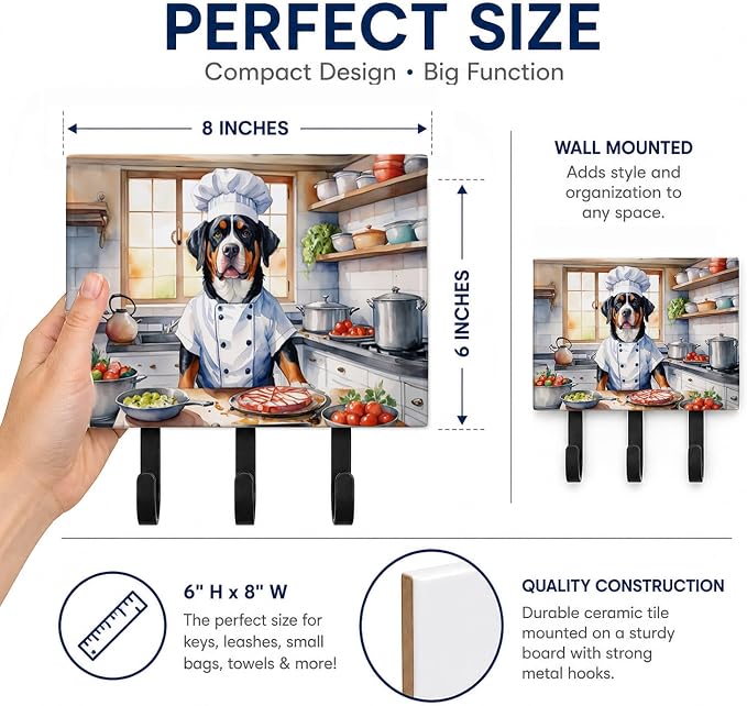 Caroline's Treasures Greater Swiss Mountain Dog The Chef Leash or Key Holder Wall Hooks, Key Hooks Holder, Coat Rack Wall Mount, Coat Hooks, Hooks for Hanging Keys, Towels, Aprons, Leashes | Greater Swiss Mountain Dog The Chef artwork on ceramic tile w...