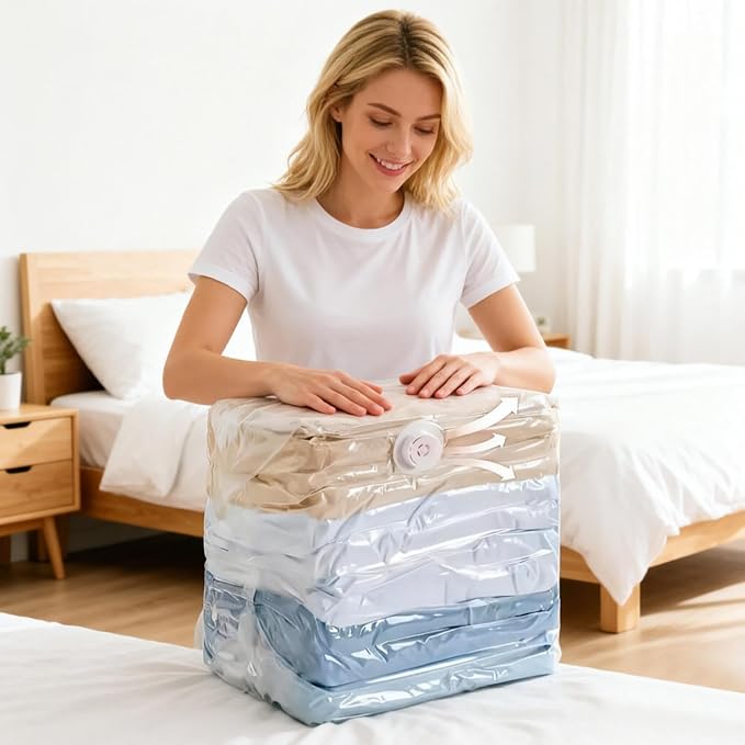 4pcs No-Pump Vacuum Storage Bags for Bedding Dorm Under Bed (XL) | Space Saver up to 80%, Puncture-Resistant Film, Standing Cube Compression Design, Travel & Home Use, Manual