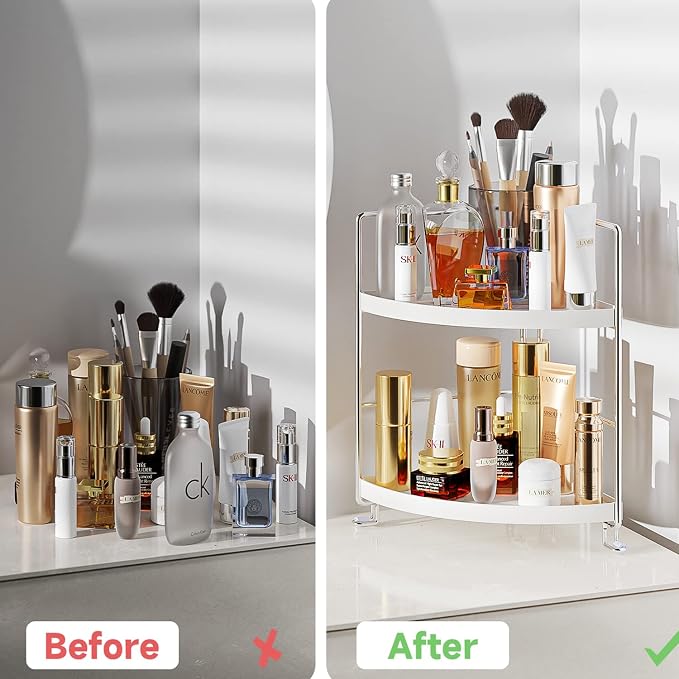 KINGNERWI 2-Tier Bathroom Counter Organizer, Vanity Corner Shelf, Silver | Makeup Skincare Storage Tray, Small Countertop Rack, Stores Cosmetics, Perfume, Seasoning, Fits Sink and Dresser