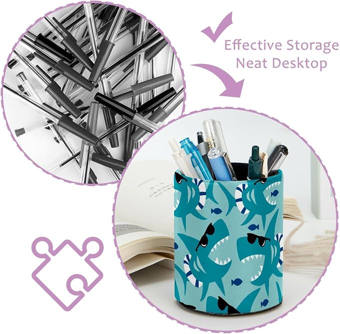 Desk Pencil Pen Holder, Cool Blue Shark with Black Sunglasses Pen Organizers for Desk Desktop Storage Stationery Supplies Cup Pot for Office School Home