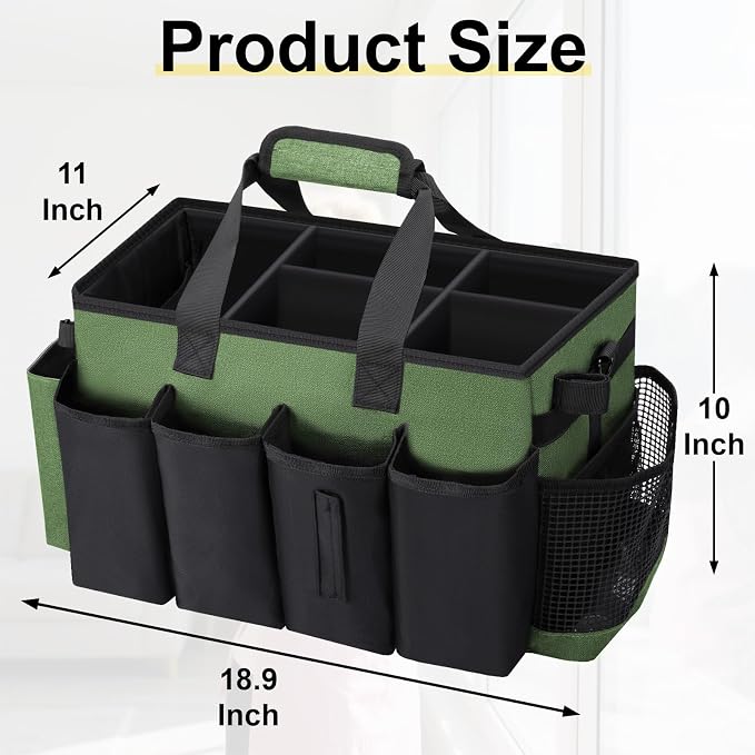 Wearable Large Cleaning Caddy Bag for Housekeepers (Green) | Cleaning Supplies Organizer with Adjustable Shoulder, Waist & Handle Straps, Detailing Bag for Kitchen Supplies