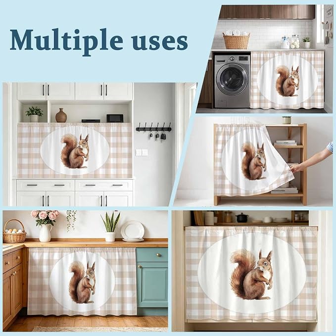 Squirrel Plaid Sink Skirt for Bathroom, Self-Adhesive Under Sink Curtain, Modern Farmhouse Checkered Rustic Animal Hide Pipes & Storage Fabric Cabinet Skirt Cover for Kitchen Laundry 32"x55"