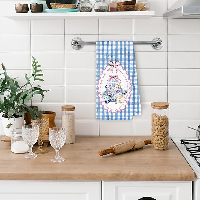 Pink and Blue Chinoiserie Golden Retriever Kitchen Towels, Golden Retriever Lover Gifts Dish Tea Towels for Kitchen, Coquette Pink Bow Hydrangea Dog Hand Towel for Bathroom Decor, 16x24 Inch