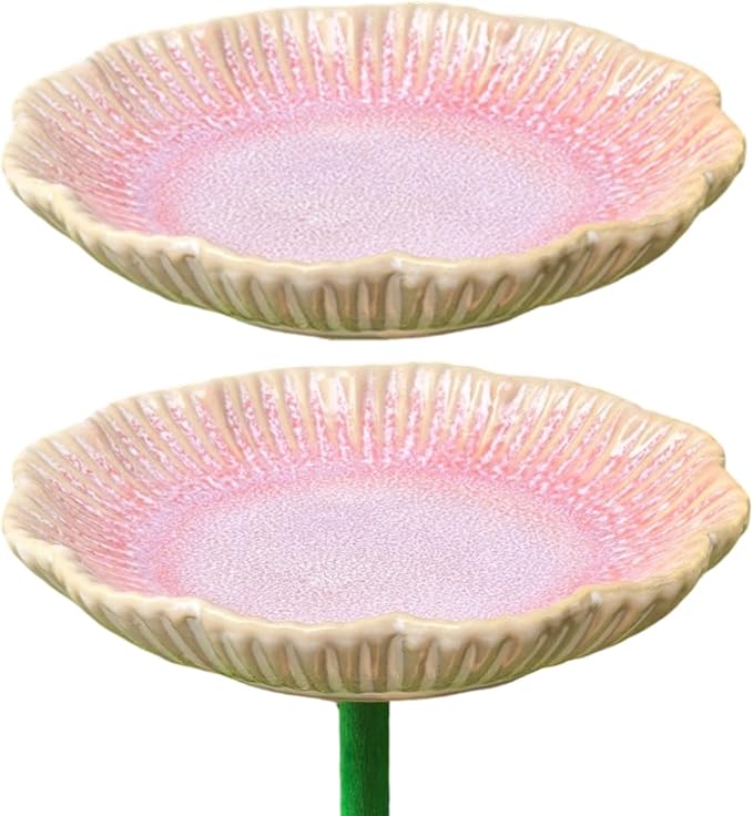 Ceramic Bird Bath Set of 2 with Fluted Bowl Stake, A | Decorative Glazed Water Basin for Patio Garden Balcony Display
