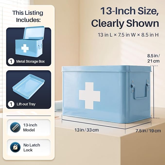 Flexzion Large Metal First Aid Box Empty, 13-Inch, Blue with White Cross | Vintage Medicine Box and First Aid Storage Organizer with Removable Tray and Dividers; Empty Box Only, Supplies Not Included