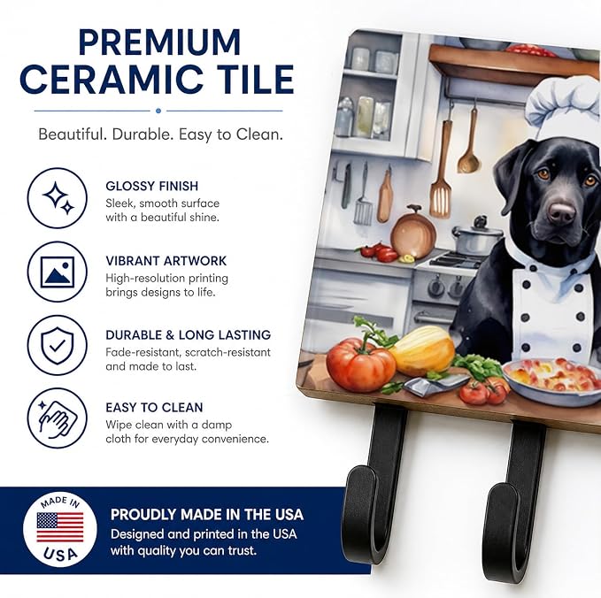Caroline's Treasures Black Labrador Retriever The Chef Leash or Key Holder Wall Hooks, Key Hooks Holder, Coat Rack Wall Mount, Coat Hooks, Hooks for Hanging Keys, Towels, Aprons, Leashes | Black Labrador Retriever The Chef artwork on ceramic tile with ...