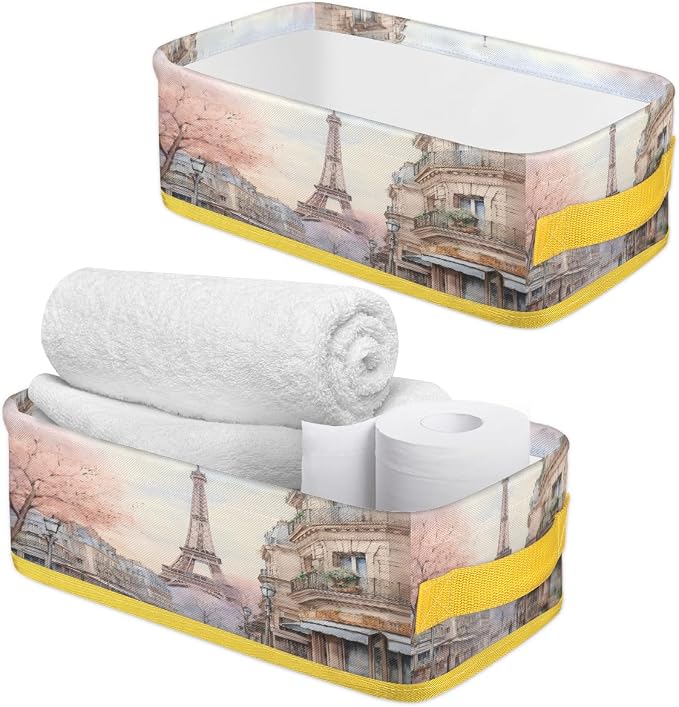 Paris Tower Architecture Bathroom Storage Basket, Foldable with Handle Open Countertop Paper Towel Decorative Box, Toilet Tank Top Shelf Baskets for Home Closet Bedroom Living Room Office