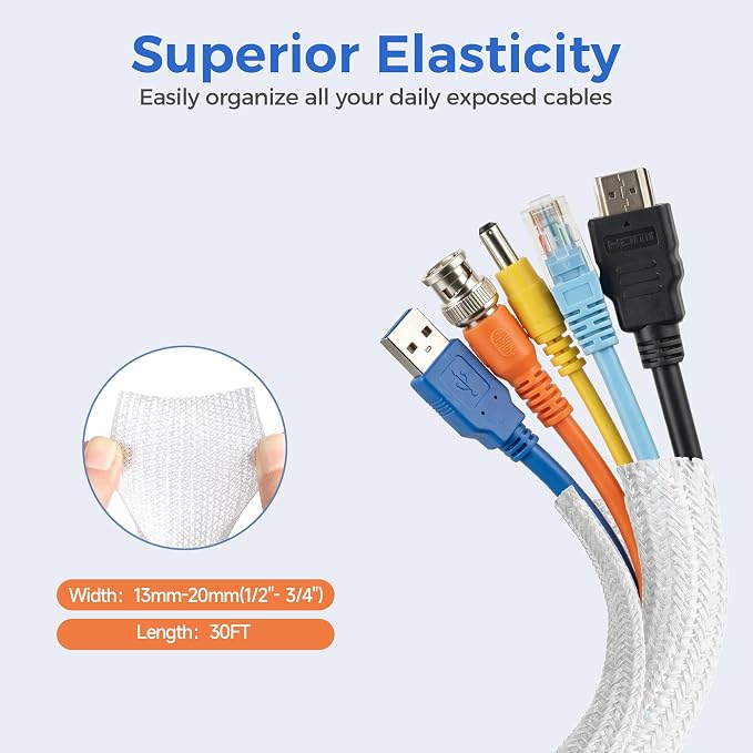 Delamu 30ft - 1/2 inch Cable Sleeve Cord Protector from Pets No Chew, Split-Braided PVC Wire Loom Tubing for Desk Computer USB TV Cord Organizer, Easy Set-up Cable Management Sleeve Kit, White