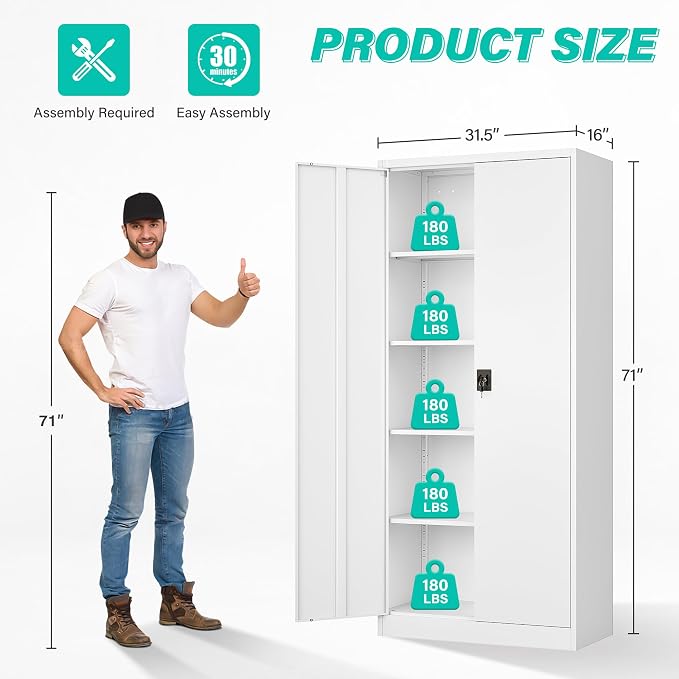 White Metal Storage Cabinet with Adjustable Shelves,71" Tall Metal Cabinet with Locking Doors,Steel Cabinet with Lock,Lockable Storage Cabinets for Home,Office,Kitchen,Laundry,Pantry