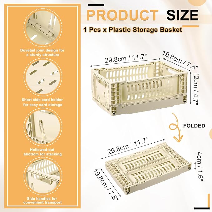 uxcell Collapsible Crates, 11.7x7.8x4.7 Stackable Plastic Storage Baskets with Handle Small Storage Containers for Bedroom Office Classroom Bathroom Desktop Organizer Decor, Dark Yellow