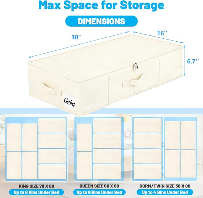 Under Bed Storage Container Bins 2 Pack, Low Profile Foldable Underbed Clothes Storage Organizer W/ Ultra Thick Fabric and Sturdy Bottom/Sides, Dual Zipper Storage Box for Dorm and Home 30x16x6.7"