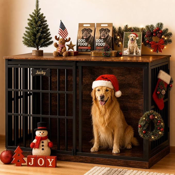 Petrova 47" Dog Crate Furniture with Name Tag, Heavy Duty Dog Kennel Indoor for Large/Medium Dogs, Wooden Dog Cage with Sliding Barn Door, Decorate House as TV Stand, End Table, Rustic Brown