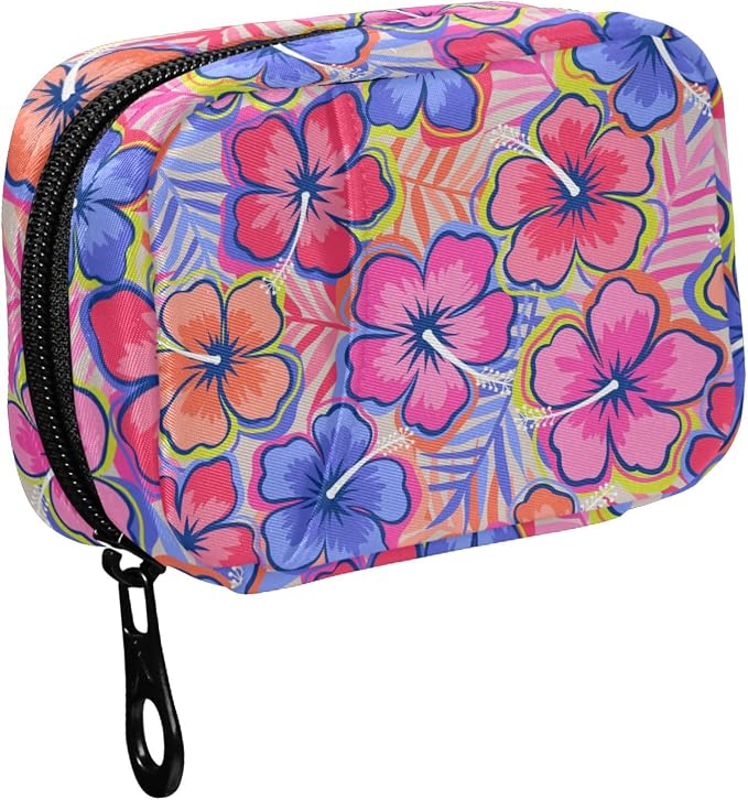 Fustylead Colorful Summer Hibiscus Flower with Palm Leaf Pill Organizer and Storage Weekly with Zipper, Removable Pill Box Portable Medicine Organizer for Vitamin Fish Oil Supplement
