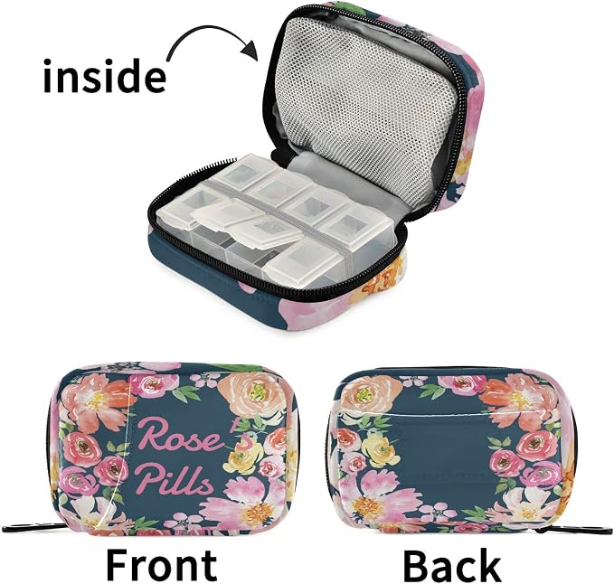 Custom Pill Box 7 Day Pill Case Bag Watercolor Floral Flower Personalized Name Travel Pill Organizer Bag with Zipper Portable Weekly Case Compact Size for Vitamin Supplement Holder