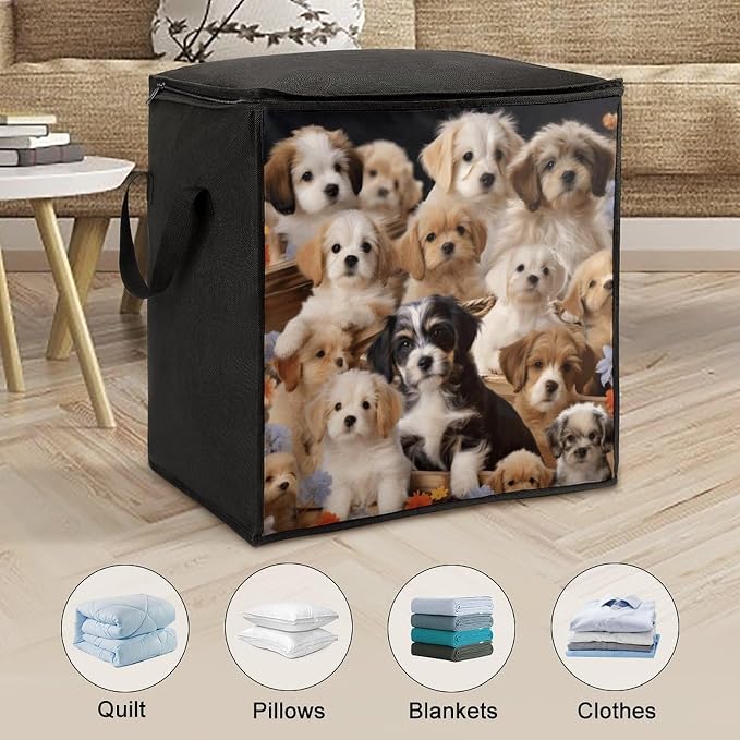 Cute Pet Dogs Storage Bags Comforter Quilt Blanket Clothes with Zipper & Handles Easy to Fit King Size Comforter Set Closet Under Bed Organizer for Dorm Pillows Bedding 70L