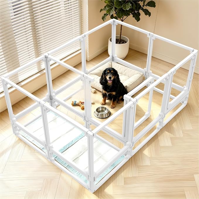 FlexiSpace Adjustable Clear Dog Play Pen, Expandable & Stackable Acrylic Dog Playpen, ONLY Dog Play Pen Indoors Grow with Your Pet Puppy Playpen (White, 34", 12 Panels)