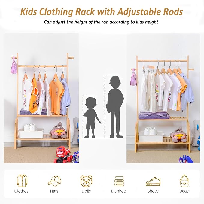 BAMBOOHOMIE Kids Clothing Rack with Adjustable Rods, Children Clothes Garment Rack for Kids Baby Pet, Kids Dress Up Rack with 2 Bottom Shelves, Kids Wardrobe Closet for Toddlers Nursery (Natural)