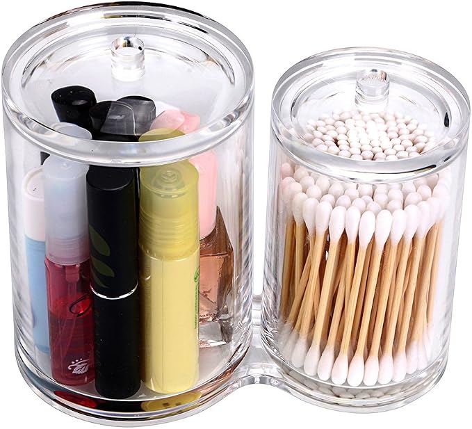 Hipiwe Clear Acrylic Cotton Swab and Ball Holder 2 Slots Q-tip Container | Round Cotton Pad Q-tip Organizer Case for Make Up Brush Clear Apothecary Jar