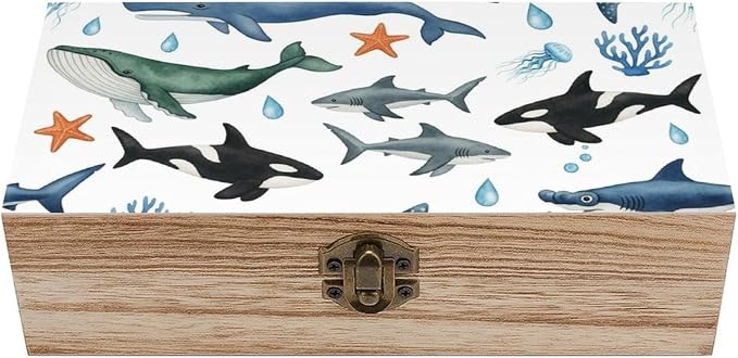 Wooden Keepsake Box Gift Organizer with Lid Craft Storage Container, Funny | Sharks Humpback Whales Orcas Turtles Ocean Rectangle Memory Boxes, Party Gift Supplies, 9.2x5.5x3.9 Inch