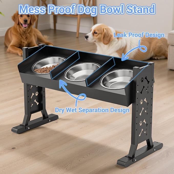 Triple Elevated Dog Bowls Stand for Multiple Dogs,8 Height Adjustable Tilted Raised Dog Bowl Stand with 3 Stainless Steel 1.3L(44oz) Bowls, 21.9" Tall Pet Feeding Station for Large Breed Dogs