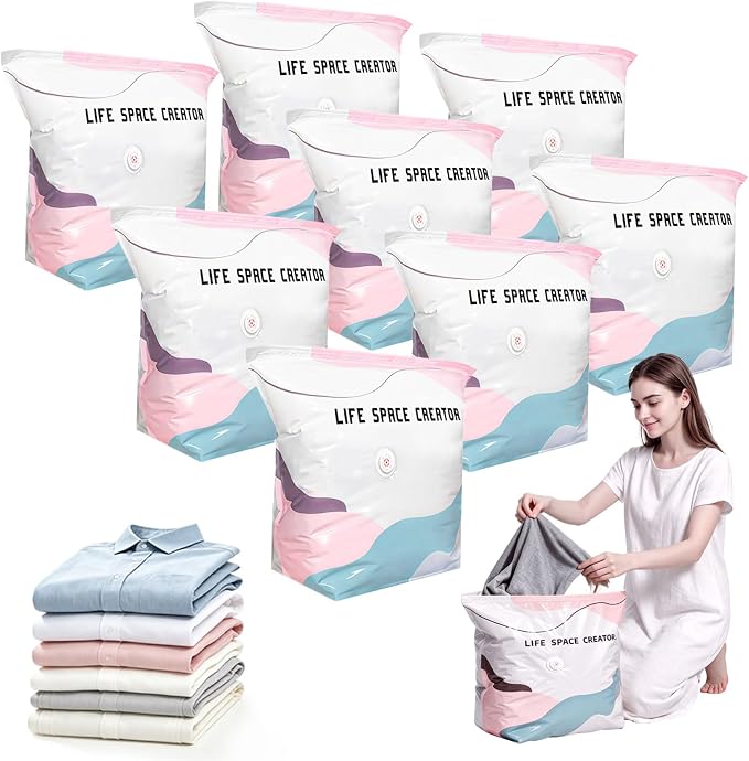 8PCS No Pump Vacuum Storage Bags, No Pump Large Vacuum Storage Compression Bags, Thick Airtight Reusable Organizer for Clothes Comforters Travel Moving Closet Storage (M)