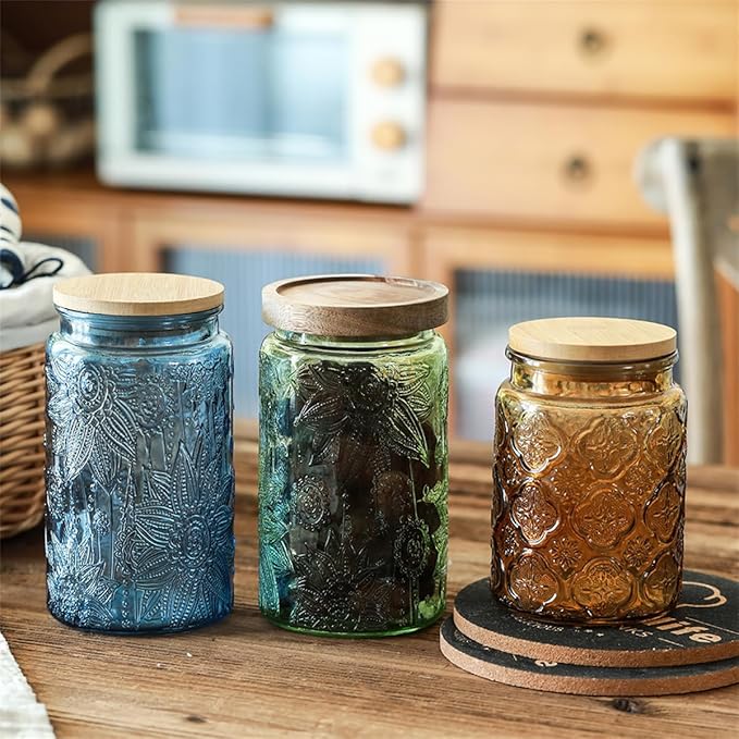 4 Pack Blue & Green Vintage Glass Jars, 34 oz Sunflower Canisters with Lids | Airtight Coffee Container, Tea Organizer, Cookie Holder, Candy Keeper, Nut Holder, Cereal Bin, Pantry Countertop Organization