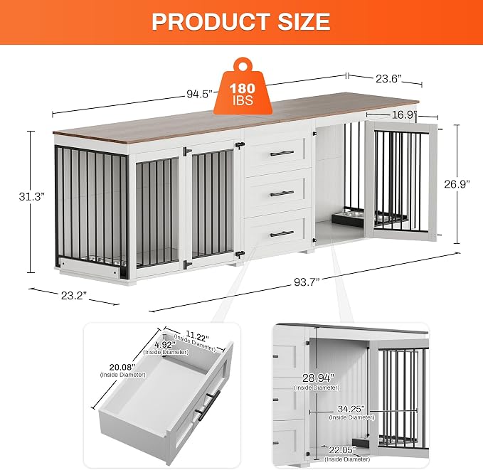Rophefx 94.5" Dog Crate Furniture for 2 Dogs, Wooden Kennel TV Stand, White | Indoor double dog house with 3 storage drawers, 4 feeding bowls, lockable doors, and a wide top for large and medium dogs