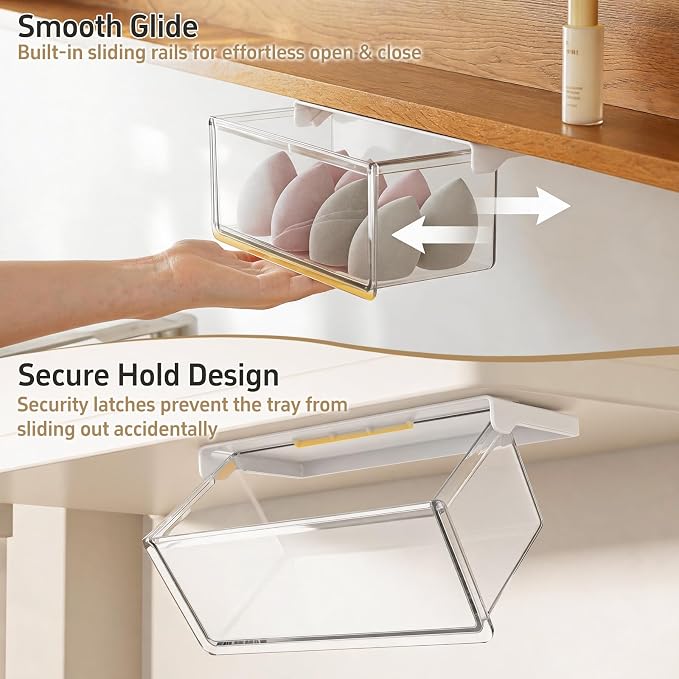 Adhesive Drawer Organizer for Under Medicine Cabinet, Clear | No-Drill, Smooth Pull-Out, 33° Tilted Design, Easy Access, Space Saving Storage, for Bathroom, Kitchen & Vanity