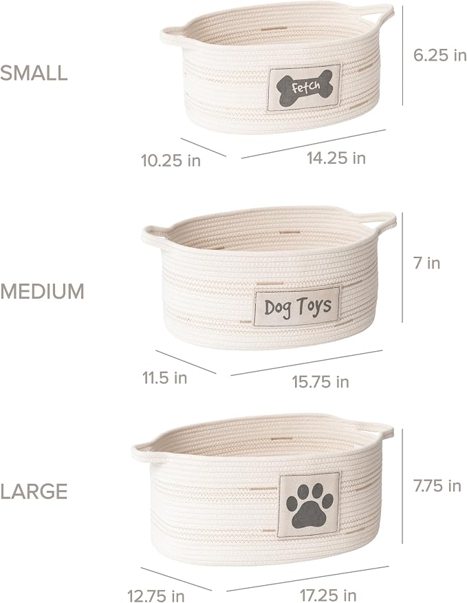 RGI Home Dog Toy Storage Baskets – Set of 3 Oval Fabric Rope Organizer Bins for Pet and Household Storage, Multi-Sized with Easy-Carry Handles, Durable and Stylish, Charcoal Gray on Ivory