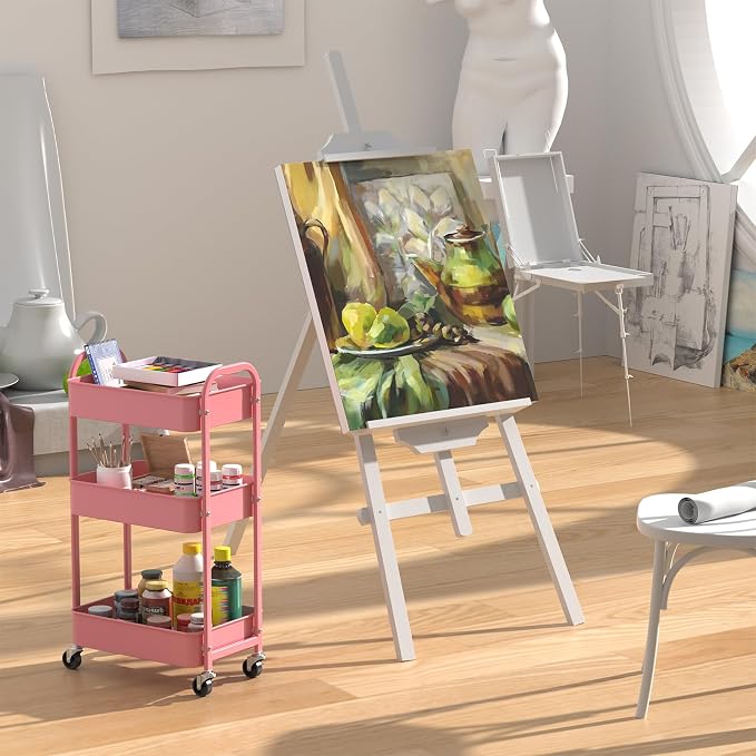 MAX Houser 3-Tier Rolling Utility Cart with Caster Wheels,Easy Assembly, for Kitchen, Bathroom (Pink) | Easy Assembly, multi-purpose storage trolley for kitchen, rolling cart with smooth caster wheels for bathroom