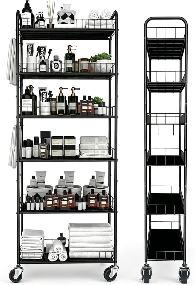 Slim Rolling Storage Cart with Wheels,10in 6 Tier Black | Narrow Space Rolling Shelving Unit , Metal Wire Mobile Organizer Rack for Kitchen Bathroom Office Laundry