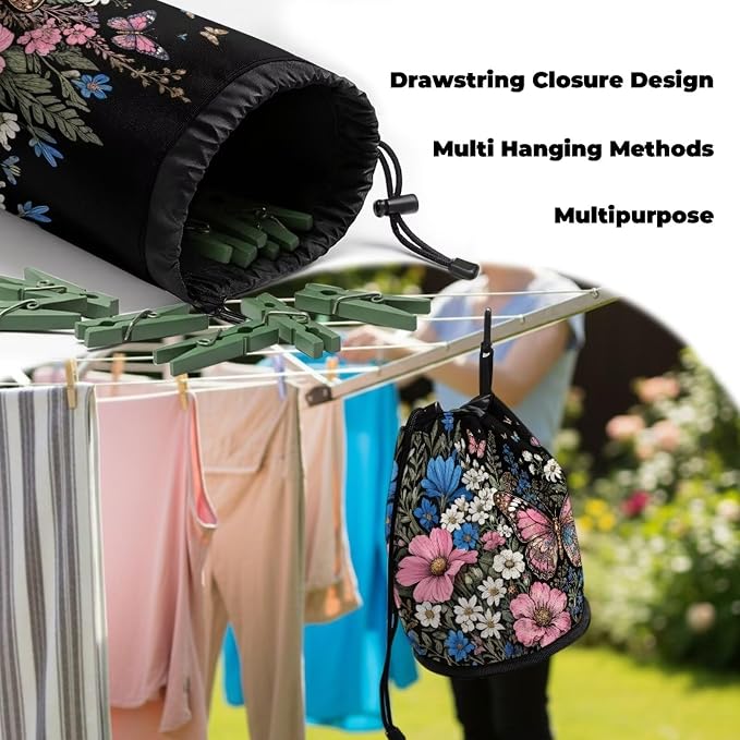 Floral Butterfly Clothespin Holder - 1Pcs Clothes Pin Bags Clothes Hanging Bag for Laundry Room & Outdoor Use