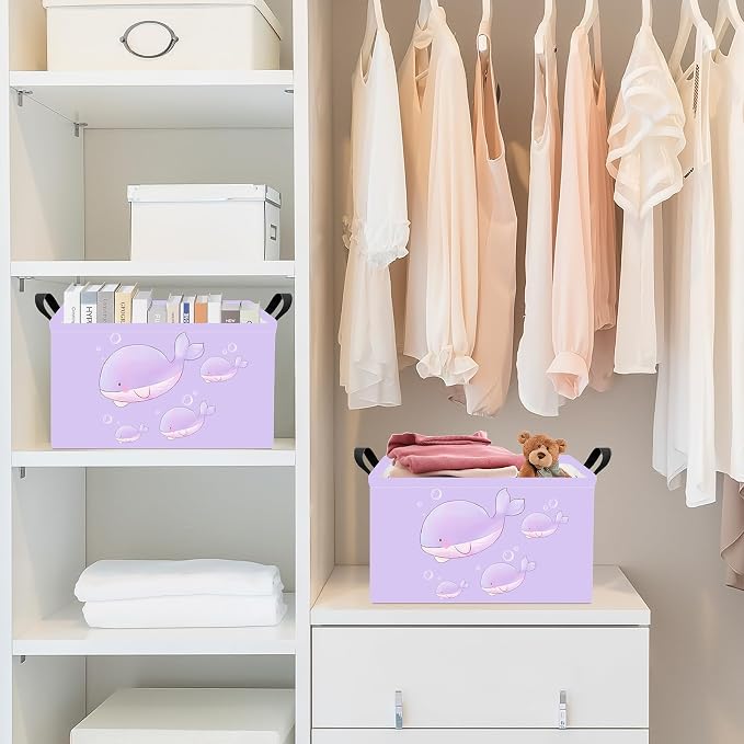 Rectangular Purple Whale Waterproof Collapsible Storage Bin Organizer | stain-proof canvas, reinforced handles, planet print for laundry, study, living room, hallway, closet and playroom