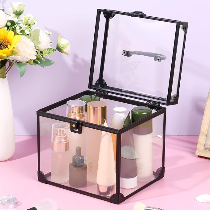 Makeup Organizer, Clear Makeup Train Case Cosmetic Box, Clear Crown Box Portable Cosmetics Toiletry Organizer Box Jewelry Storage Makeup Storage Box w Padlock and Keys for Vanity Bathroom