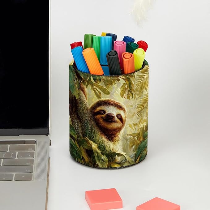 Faux Leather Pen Holder for Desk, Pencil Organizer Cute Sloth Pen Cup Desk Decor Makeup Brush Holder Storage for Office Home