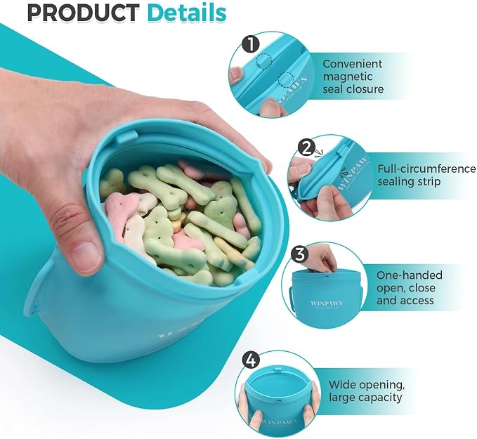 Silicone Dog Treat Pouch with Poop Bag Holder,Waterproof Magnetic Close Sealable Fanny Pack with Adjustable Waist Belt, Pet Puppy Training Essentials, One-Handed Opening with Press & Magnetic (Blue)