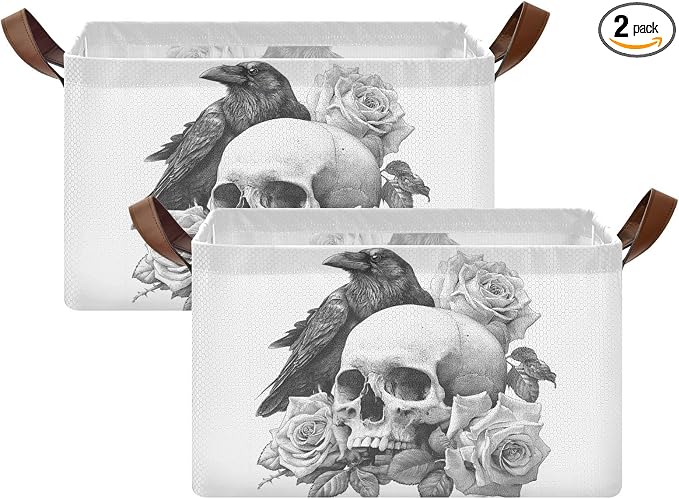 Crow Roses and Gothic Skull Storage Basket Foldable Cube Storage Bins with Handles&Label Waterproof Collapsible Organizer Box Bin Large Rectangle Decorative Baskets for Shelves Home Room Laundry, 2 PC