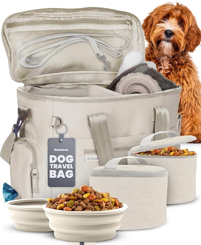 Original Doggy Bag™ Dog Travel Bag for Supplies with Travel Bowls | 2 BPA-Free Collapsible Bowls, 2 Pet Food Containers, TSA-Ready, Road Trips, Camping, Weekend Getaways, Doggy Gift, Beige