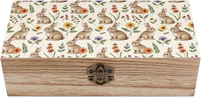Wooden Keepsake Memory Box with Lid, Gift Organizer Case, Cute Rabbit | Bunnypattern Decorative Jewelry Storage Container, Birthday Party Favor Decor, 9.2x5.5x3.9 Inch