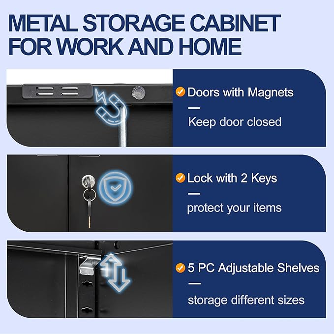 BESFUR Metal Storage Cabinet with 2 Doors and 5 Adjustable Shelves Garage Storage Cabinet with Lock 71" Office Storage Cabinets Locking Cabinets for Garage Office Shop Home (Black)