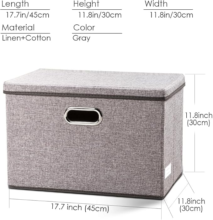 Large Foldable Storage Bin with Lid [1-Pack] Linen Fabric Decorative Storage Box Organizer Containers Basket Cube with Handles Divider for Bedroom Closet Office Living Room (17.7x11.8x11.8)